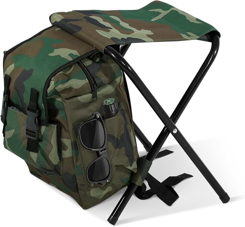Sitzrucksack klappbar Campingstuhl Hocker mit Tasche Camouflage Portable Campinghocker tragbar Rucksack Stuhl Ultraleicht Angelrucksack Klappstuhl Strandstuhl Angelstuhl Klapphocker 34 x 29 x 29 cm