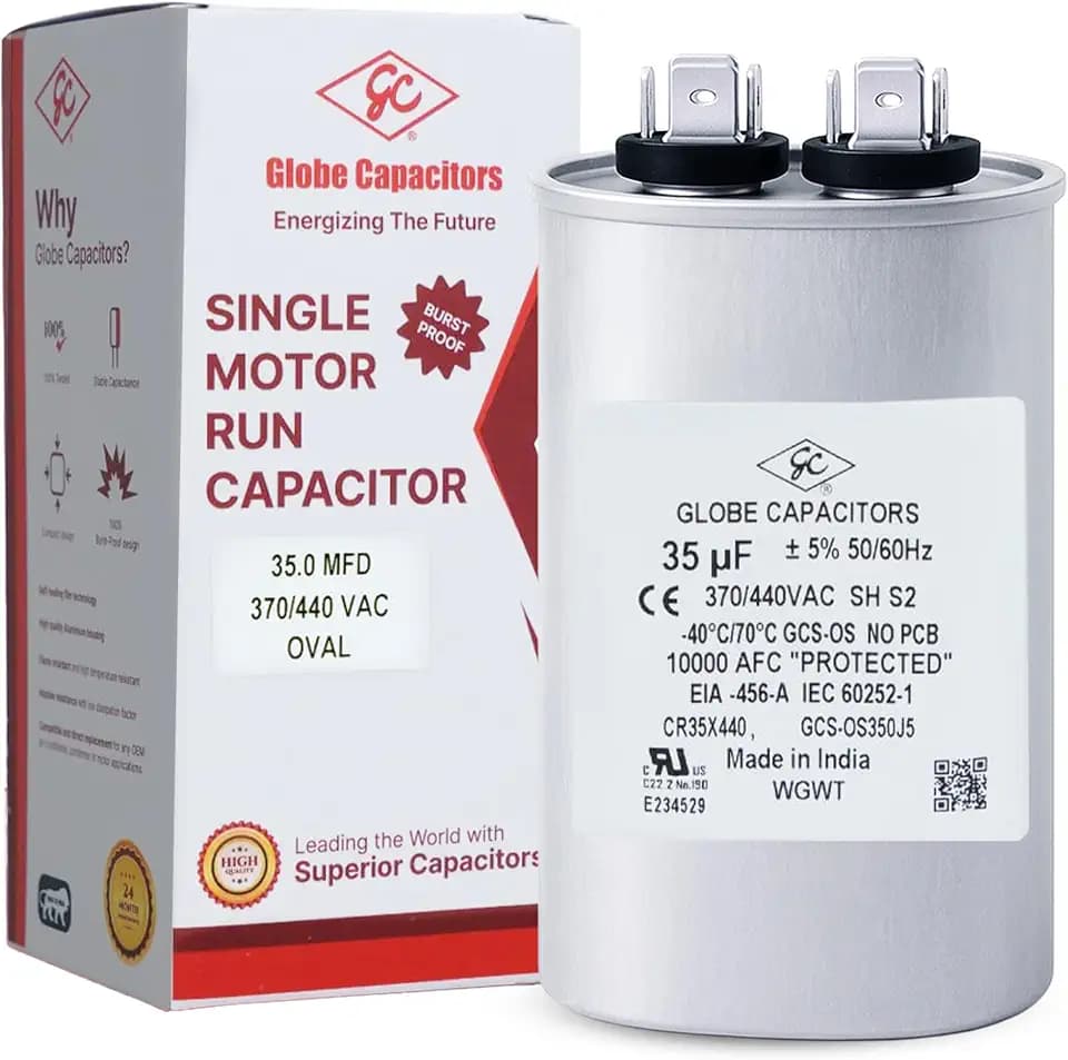 Globe Capacitor, Oval Run Start, 35MFD CBB65 Single Element, 370V/440V