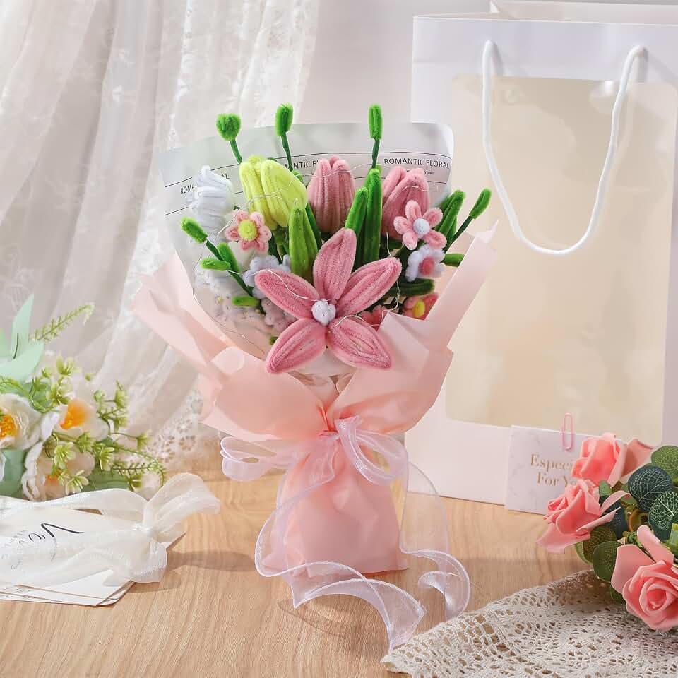 Giegxin Pink Artificial Tulip Bouquet Gift Set Handmade Chenille Yarn Flowers with Ready-to-Gift Bag and Card, Thoughtful Mother’s Day, Birthday & Spring Gift for Mom, Girlfriend or Women