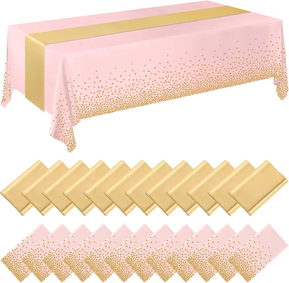 Breling 8 Pack Pink and Gold Tablecloths and Satin Runners Set
