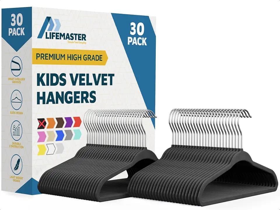 Black Velvet Kids Hangers 30 Pack, 10.83" Non-Slip Baby & Toddler Hangers for Clothes, Space-Saving Slim ABS Plastic with 360° Swivel Hook & Notched Shoulders, Up to 10 lb Capacity