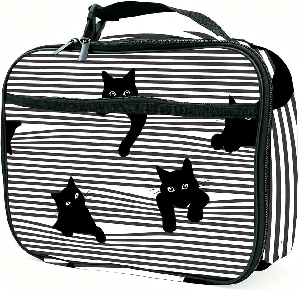 Cute Cat Striped Black White Lunch Box Insulated Reusable Lunch Bag Tote Cooler for Women Men Boy Girl School Work Office Picnic