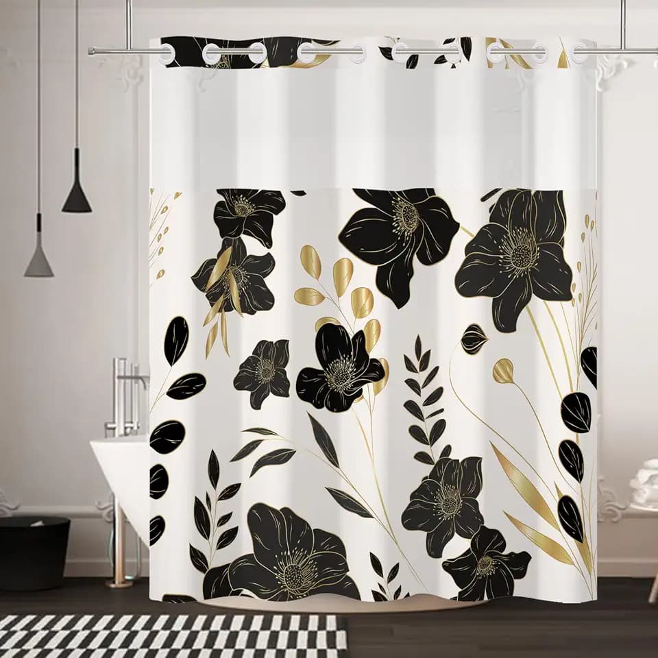 No Hook Shower Curtain,Black Flower Double-Layered Shower Curtain with Snap-in Liner and Weights,Fabric Bath Curtain with See Through Mesh, 71x74in