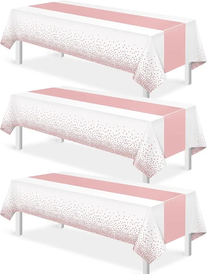 3Pcs White and Rose Gold Tablecloth Party Decorations,Plastic White Table Cloth Printed Rose Gold Table Runner Disposable Rectangle Cover for Birthday Anniversary Wedding Grad Party,54 x108 Inch