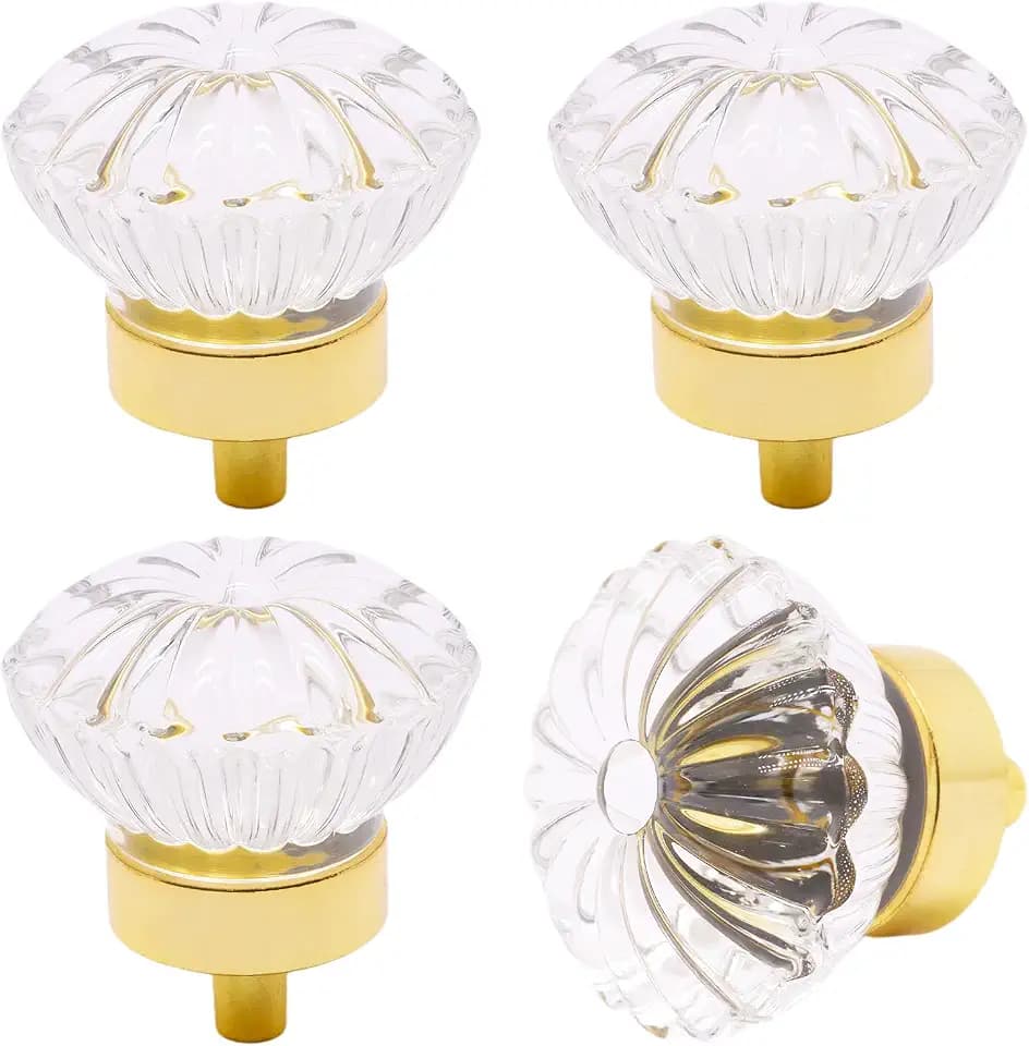 4Pcs Crystal Glass Drawer Knobs, Crystal Cabinet Knobs, Glass Drawer Pulls Handles for Dresser Closet Wardrobe Cupboard,1.34" Diameter(Flower Bud, Gold)