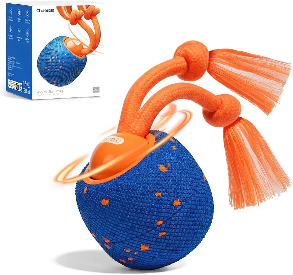 Cheerble Wicked Ball Rolly, interaktiver Hundeball mit Seil & Bellen Blau
