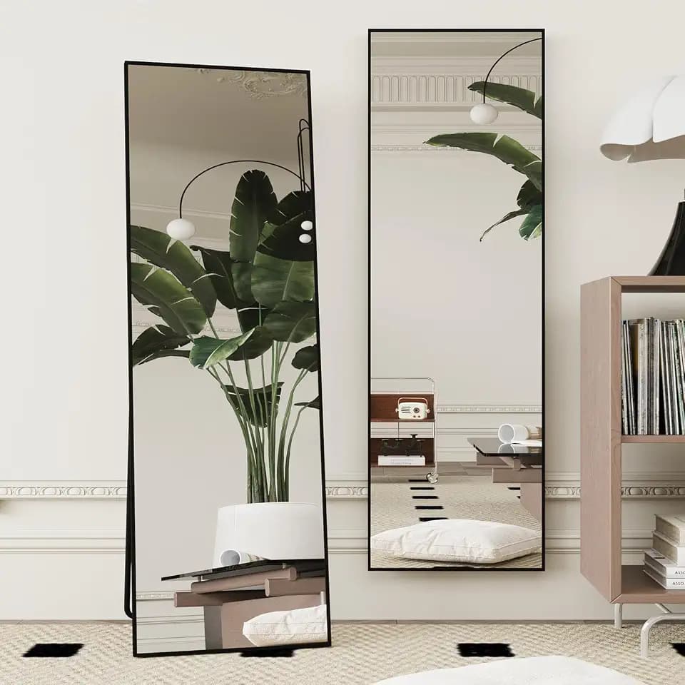 Beauty4U 59" x 16" Full Length Mirror, 4mm Thick Tempered Glass Lens, Metal Frame Full-Length Mirror with Stand for Living Room, Bedroom - Black