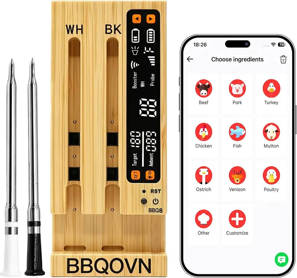 WiFi Sub-1G Wireless Meat Thermometer Unlimited Range 7 NIST Certified Sensors with Ambient Temp 2 Temp Monitoring Ways Digital Smart Base and App for BBQ, Smoker, Grill, Oven