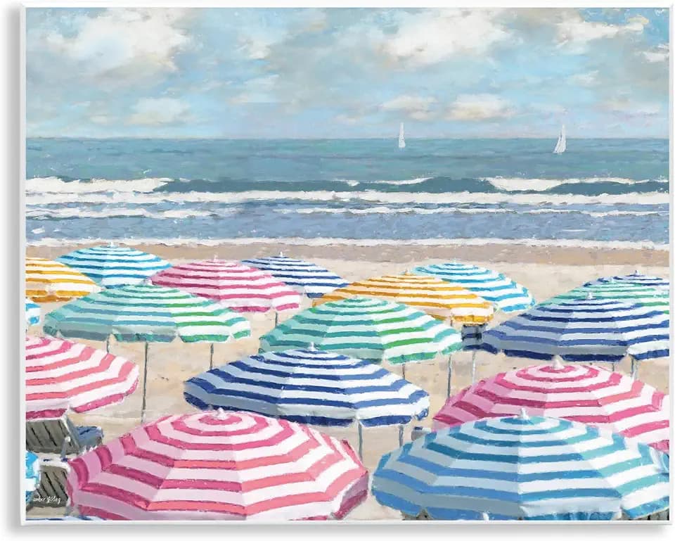 Beach Umbrellas Coastal, 11 x 14 Inch Mounted Print on Wall Plaque