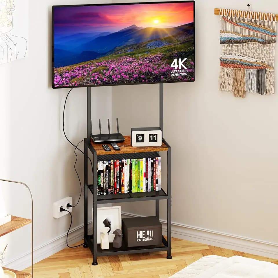 14 Inch to 42 Inch Small Corner TV Stand for Bedroom With 3 Tiers Storage Shelves, Floor Universal Television Stand With Mount For 40 Inch 32 Inch TV,Brown TV Table Shelf With Adjustable Feet, Sturdy