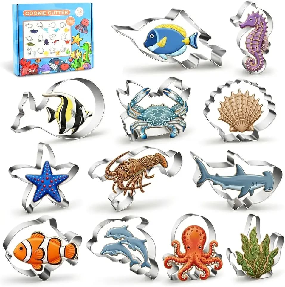 12pcs Ocean Creature Cookie Cutters Set, Food-Grade Stainless Steel Sea Animal Molds for Kids Baking, Fun Shapes for Sandwich, Fruit, Party Treats & DIY Clay Crafts