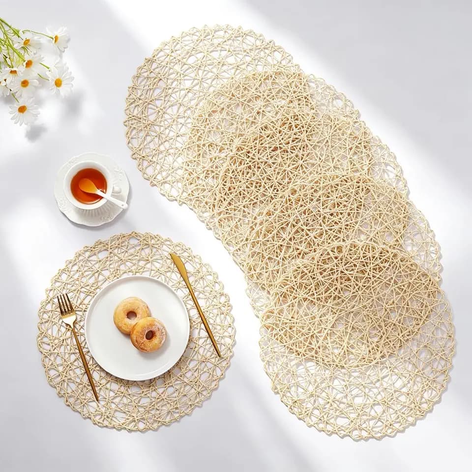 IcosaMro Beige Round Placemats Set of 6 for Dining Table, 15 Inch Paper Woven Boho Decorative Circle Place Mat for Wedding Christmas Thanksgiving Day Holiday Dinner, Beige