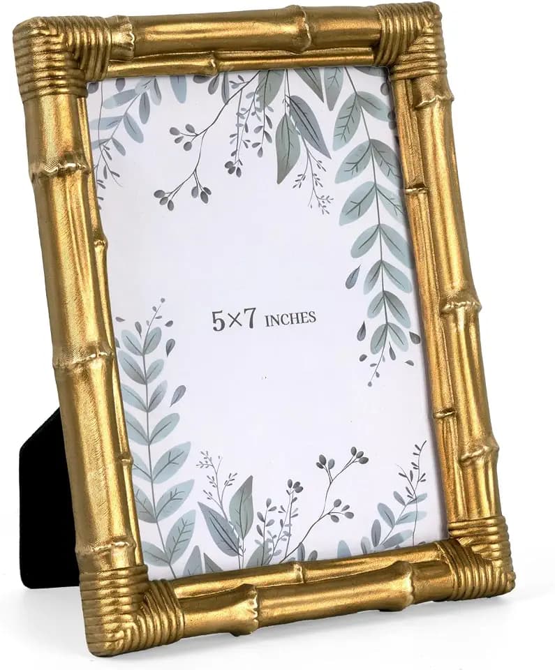 5x7 Picture Frame Bamboo, Resin Photo Frame with Tempered Glass Rustic Decorative Frame for Tabletop Display or Wall Display Option, Ideal for Living Room, Hallway, Bedside Home Décor, Gold