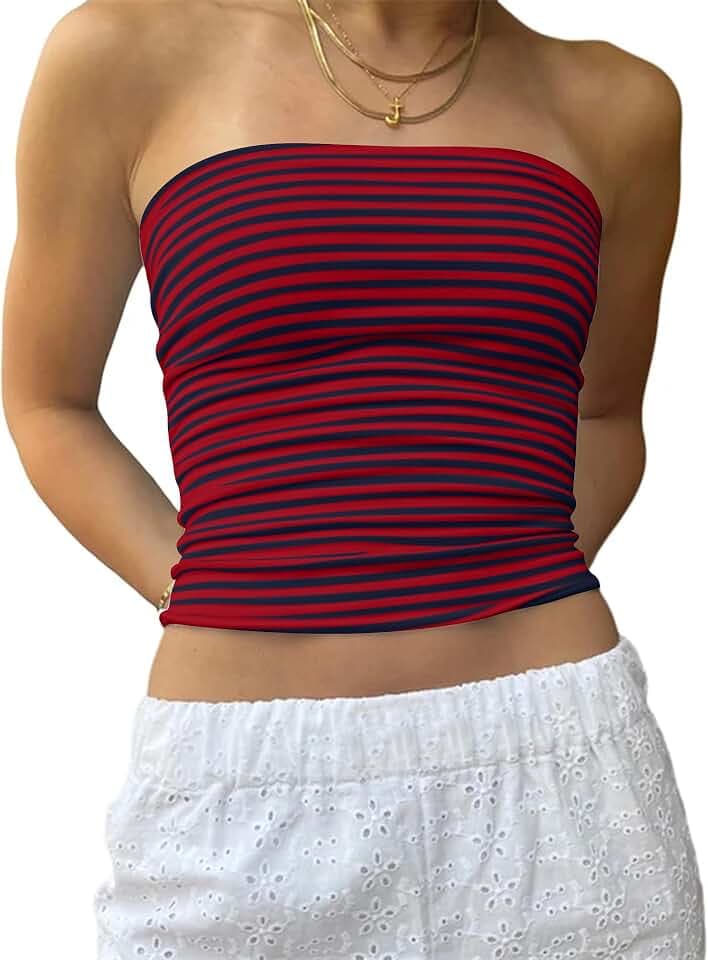 Cioatin Women Strapless Striped Bandeau Tube Tops Y2K Aesthetic Sleeveless Backless Crop Tank Going Out Summer Girls