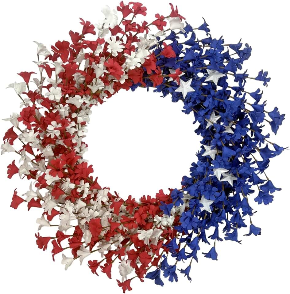 22 Inch 4th of July Patriotic Wreath for Front Door – Red White Blue Flowers & Iron Star Accents – Memorial Day, Independence Day, Labor Day Decor – Indoor Outdoor Porch Wall Summer Home Decoration