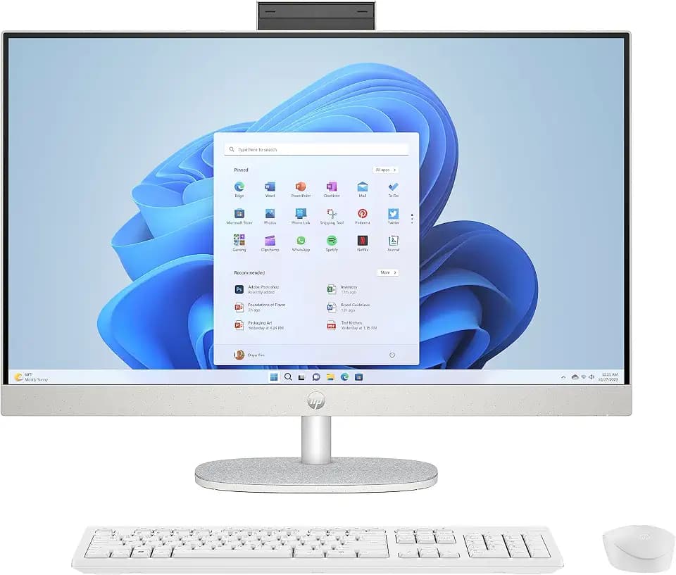 HP All-in-One 27-cr0007ss Desktop-PC, 68,6 cm (27 Zoll), Full HD, mit Kamera, kabelloser Tastatur und Maus (AMD Ryzen 5 7520U, 16 GB RAM, 512 GB SSD, Windows 11 Home), Weiß