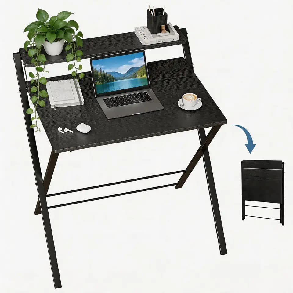 Simple Deluxe No Assembly Folding Desk with Shelf, 2-Tier Compact Computer Table, Space Saving Foldable Table for Home Office, Dorm or Apartment, Portable Collapsible Sturdy Laptop Desk, Black