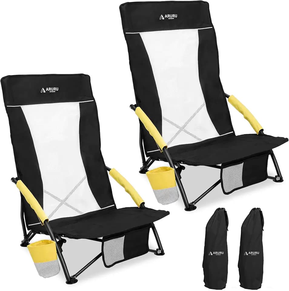 Low Beach Chairs for Adults 2 Pack High Back,Folding Portable Sling Beach Camping Chair with Cup Holder,Lightweight Foldable Camp Lawn Chair for Outdoor Sand Concert Travel Sport Events