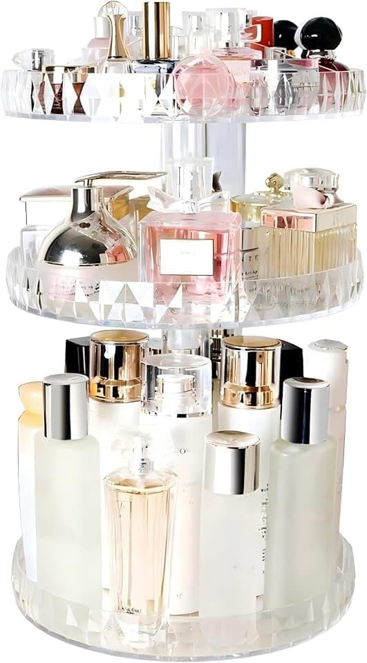 Diamond Pattern Three Layers Perfume Organizer, 360 Rotating Diamond Cosmetic Storage Box Transparent Acrylic Swivel Shelf Desktop Skin Care Product Dresser Finishing Valentines Day Gifts