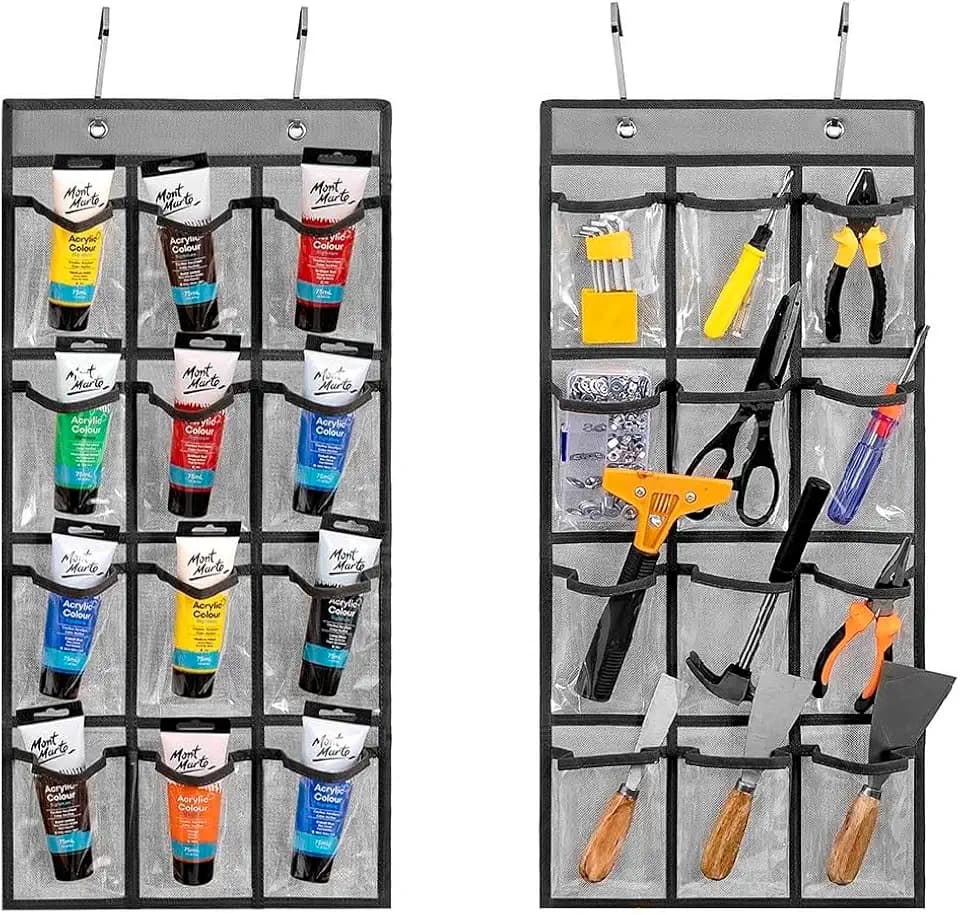 2 Pcs Classroom Pocket Chart Cell Phone Organizer Calculator Holder Over The Door Hanging Storage for Sock Underwear Jewelry with 12 Clear Pockets (Grey)