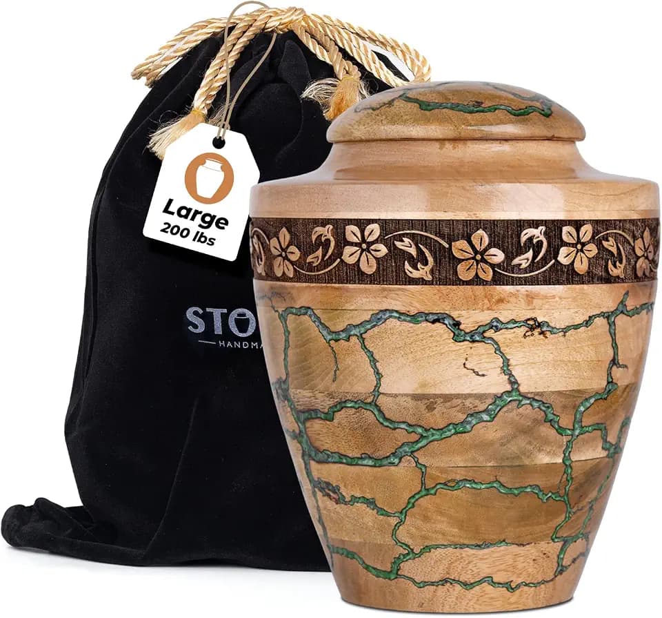Large Wooden Urns for Human Ashes – 200 lb Green Thunderstorm Pattern Cremation Urn, Decorative Burial Container for Ashes Adult Male or Female Memorial Display