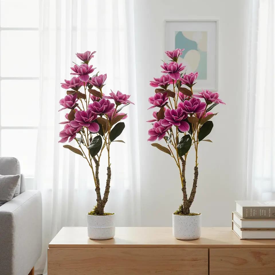 2 Pack/3FT Artificial Orchid Trees in White Planter Pot, Indoor 37.4inch Tall Faux Magnolia Flower Plant with Lifelike Pink Floral, Leaves and Dried Moss, Fake Plant for Home Office Table Decor