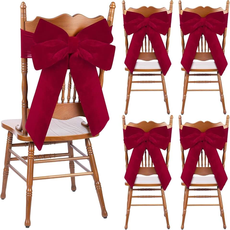 Janinka 4 Pcs Christmas Chair Bows, 15.7 x 23.6 in Burgundy Velvet Sashes