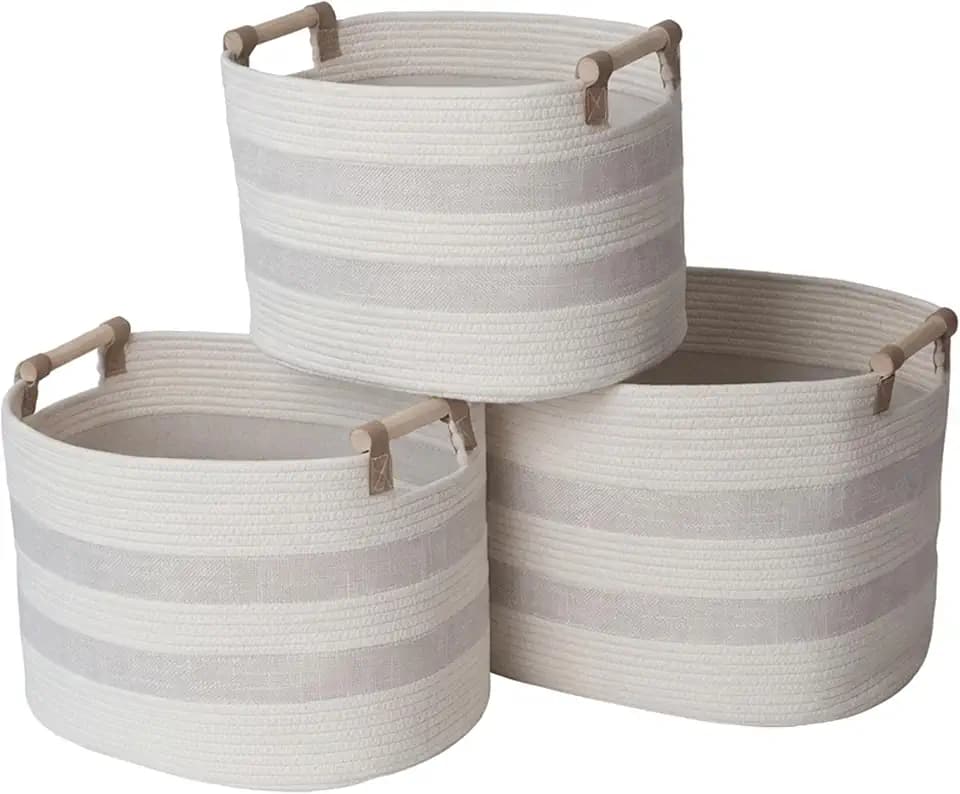 RGI Home Storage Baskets for Organizing, Textured Linen and Fabric Rope, Set of 3 Oval Decorative Woven Bins, Multi-Sized with Easy-Carry Premium Wooden Handles, Cream with Ivory Trim