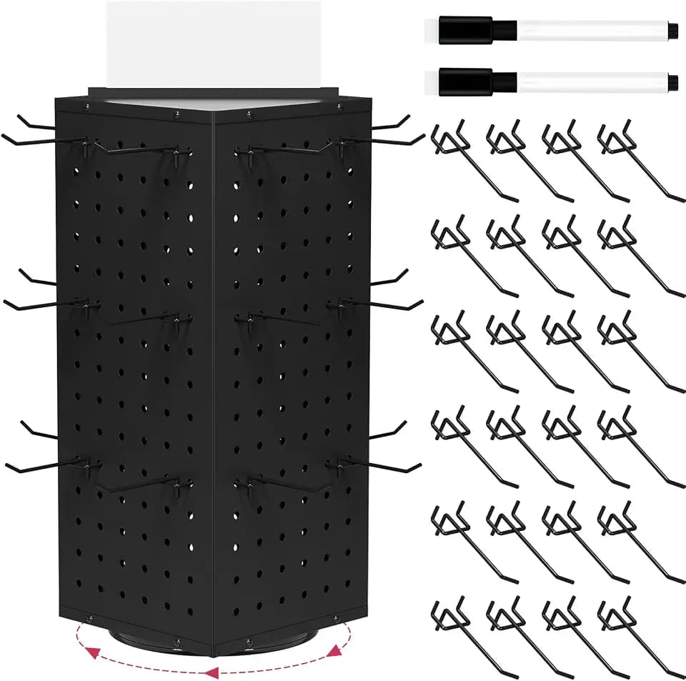 Rotating Pegboard Display Stand With 24 Hooks ,Metal Spinning Peg Board Displays, Desk Pegboard,Merchandise Display Rack for Selling Accessories Vendors & Events Retail Craft Shows & Fairs ( Black)
