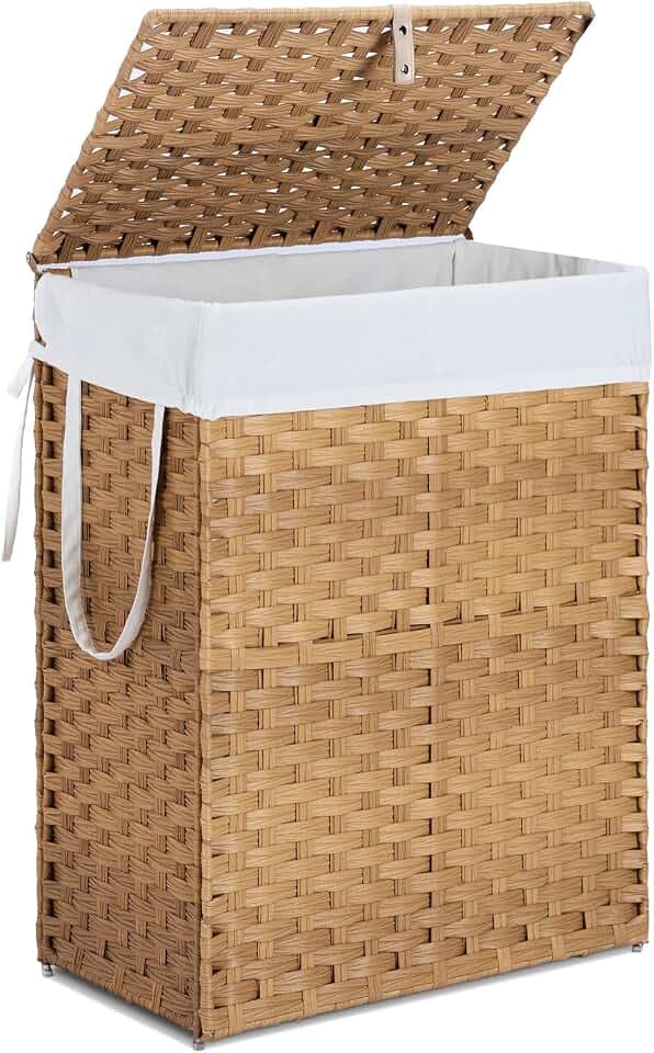 90L Laundry Hamper with Lid, Hand-Woven Pp Rattan Laundry Basket with Compartments & Handles, Removable Liner Bags,Foldable, Narrow Dirty Clothes Basket, Yellow