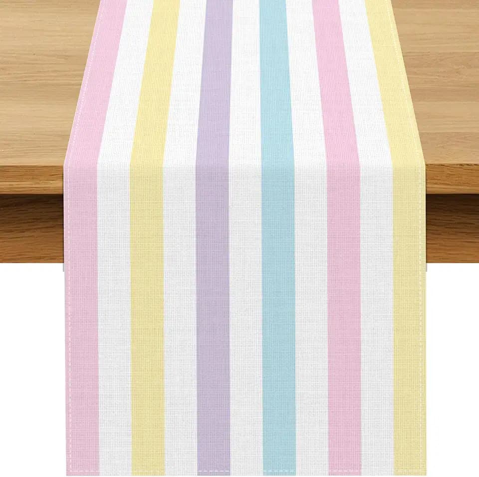 Pastel Striped Table Runner Summer Ice Cream Donut Themed Girl Birthday Party Decoration Dining Room Home Kitchen Island Decor,13" x 72"