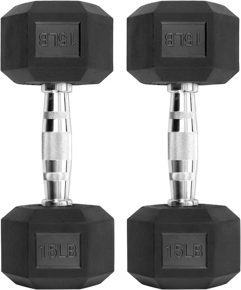 HulkFit 15 LBS Pair Rubber Coated Hex Dumbbells, Anti-Roll Hand Weights Set of 2, Non-Slip Ergonomic Handle Low Odor for Home Gym