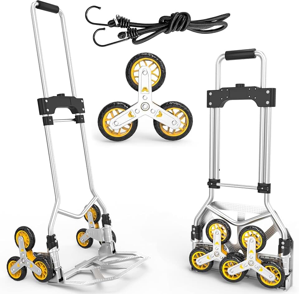 DIAMONDFORGE Stair Climbing Dolly, 110LBS Stair Climbing Cart with Telescoping Handle, Portable Folding Aluminum Cart for Stairs, 6 Wheels & Rope for Home, Groceries