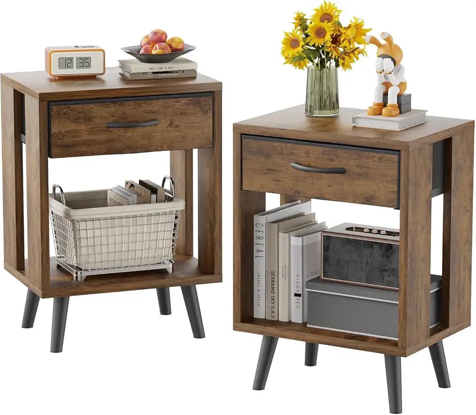 GYIIYUO 24" H Nightstands Set of 2 with Fabric Drawer, Dark Rustic Brown