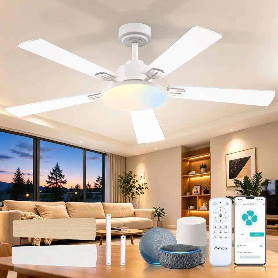 Amico 52 Inch Smart Ceiling Fans with Lights, Downrod Mount, White