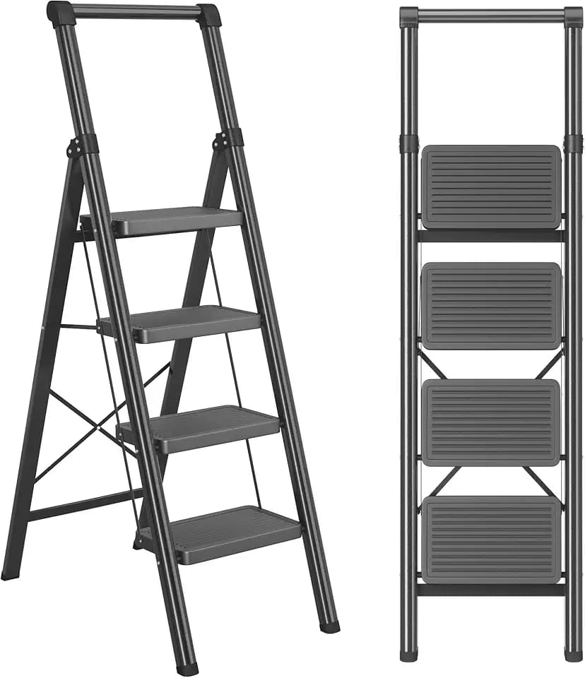 DIAMONDFORGE 4 Step Ladder with Handle, Foldable Step Stool for Adults - Extra Wide Non-Slip Pedal, Sturdy Reinforced Construction & Rubber Feet, for Home and Kitchen Use, Black