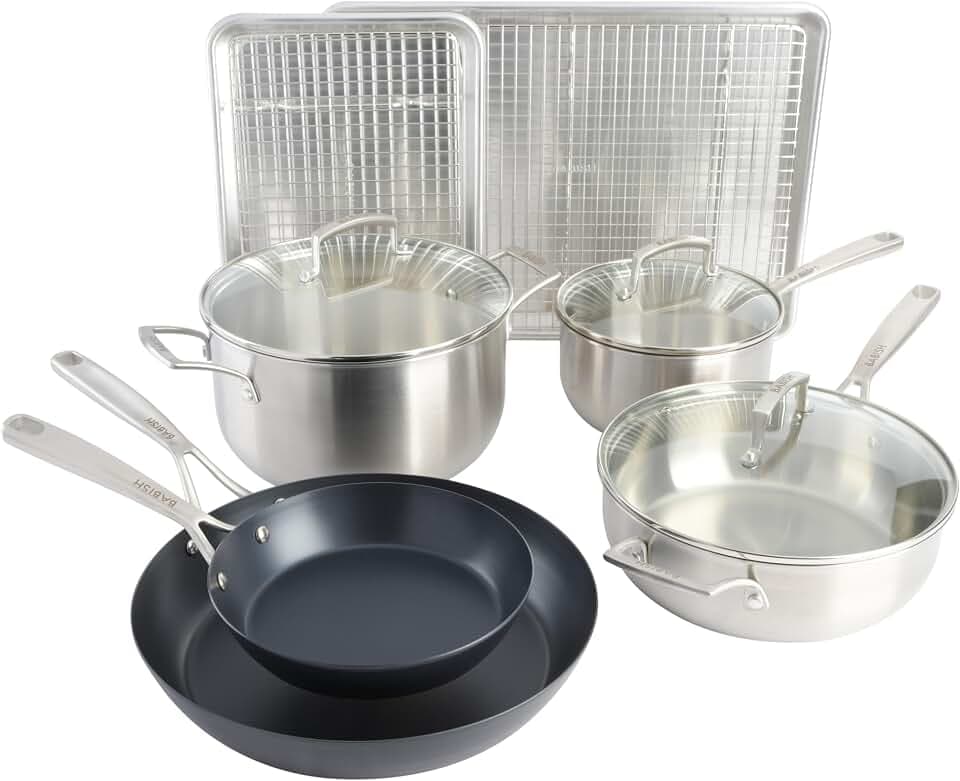 Babish 12-Piece Mixed Material (Stainless Steel, Carbon Steel, & Aluminum) Professional Grade Cookware Set W/Baking Sheets
