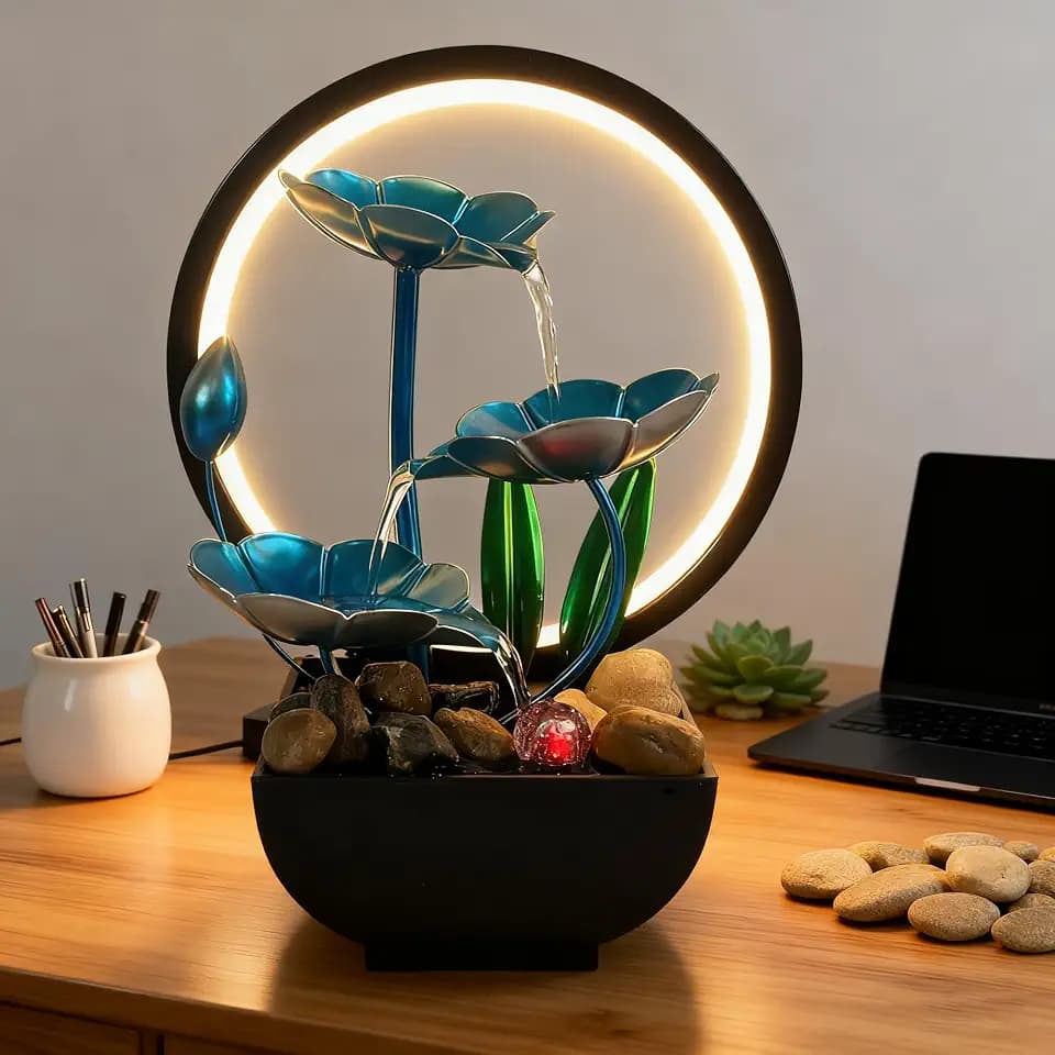 AOZITA Tabletop Fountain, Indoor Waterfall Fountain, Small Home Décor Zen Relaxation Soothing Sound Machine for Office, Living Room, or Bedroom,Blue Metal Lotus with Bud, River Rocks,Round LED