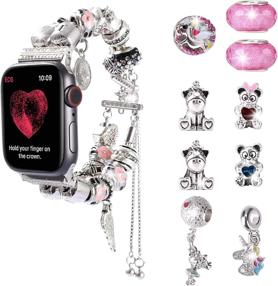Compatible with Apple Watch Bands 46mm 45mm 44mm 42mm 41mm 40mm 38mm 49mm, DIY Jewelry iWatch Series 10/9/8/7/SE/6/5/4/3/2/1/Ultra Bracelet Strap with Extra Bling Rhinestone Sparkling Beads for Women