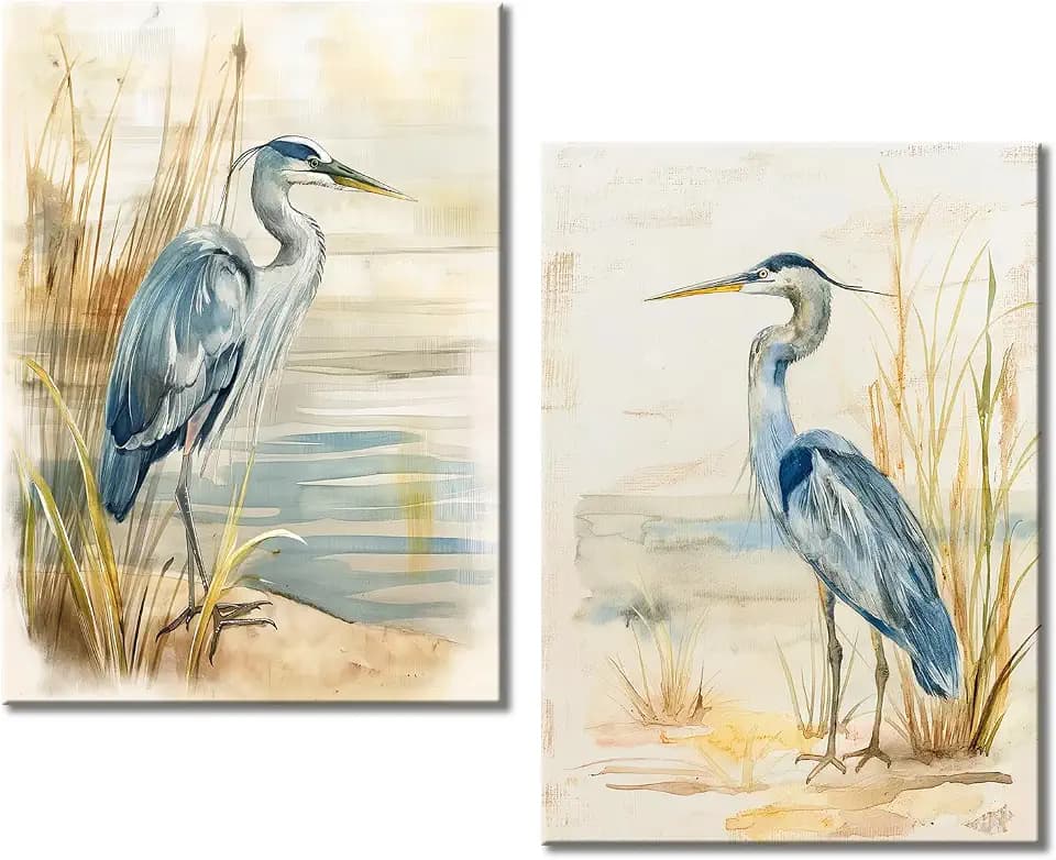 OAAPITI Set of 2 Blue Heron Wall Art Abstract Bird Wall Decor Rustic Yellow Blue Canvas Print Artwork for Bedroom Living Room Office Decor Ready to Hang