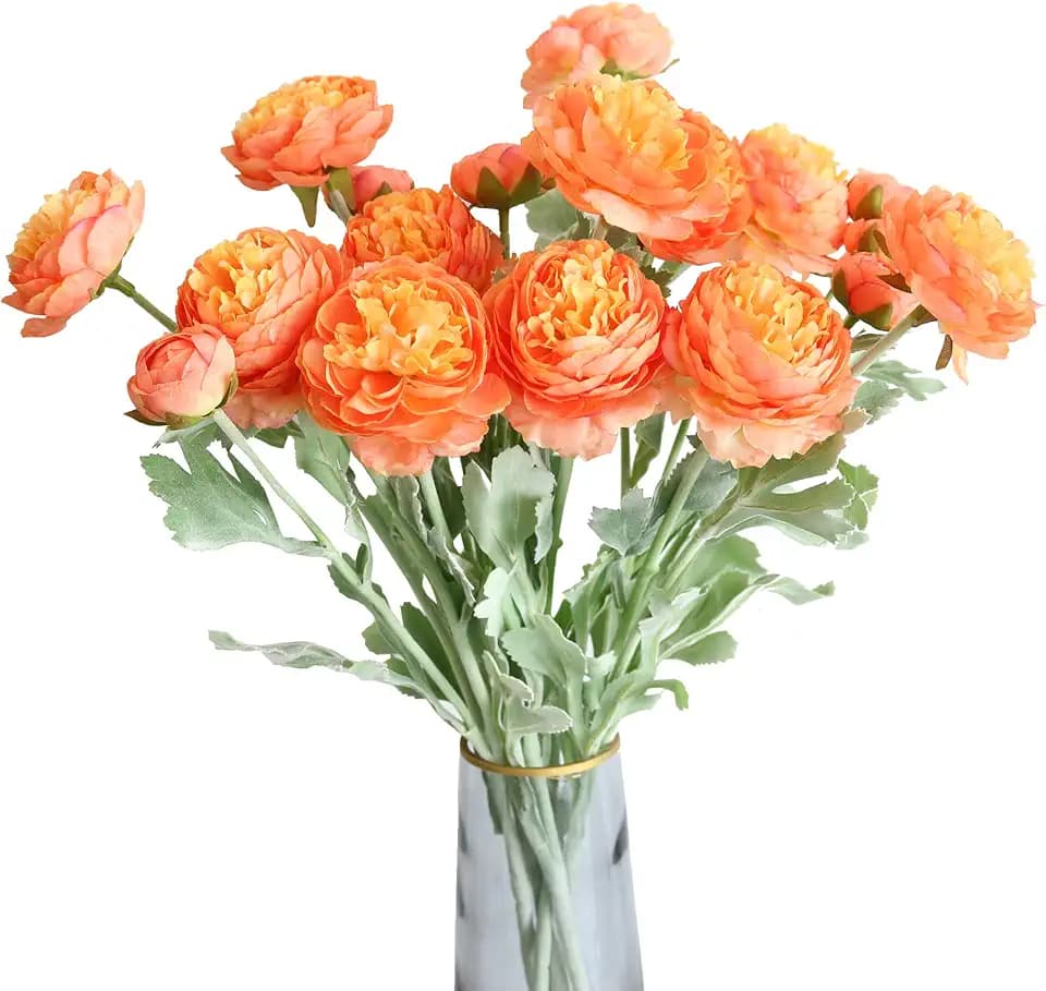 Htmeing 6PCS Artificial Ranunculus Flowers with Real Touch Stem for Household Arrangement (Light Orange)