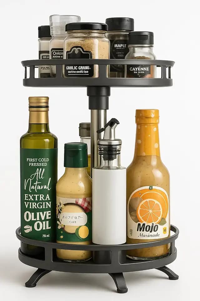 Lazy Susan Organizer 2 Tier 9"x 10" heigh 16" Metal Rotating Spice Rack Two Tier Turntable Organizer for Kitchen Pantry Cabinet Countertop, Tabletop, Bathroom Storage Black
