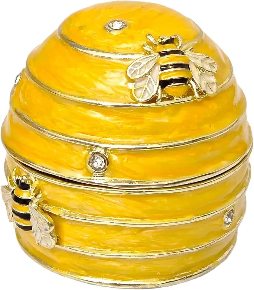 Vintage Metal Enameled Mini Bee Honeycomb Trinket Box, Yellow