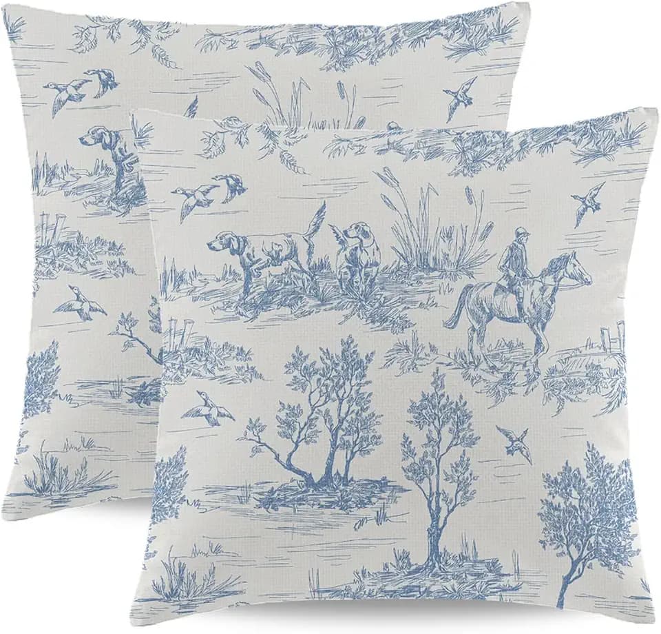 Blue and White Toile Pillow Covers 16x16 Inch Set of 2 Vintage French Country Throw Pillow Cover Rustic Linen Cushion Cover Decor for Home Sofa Bedroom Outdoor Indoor