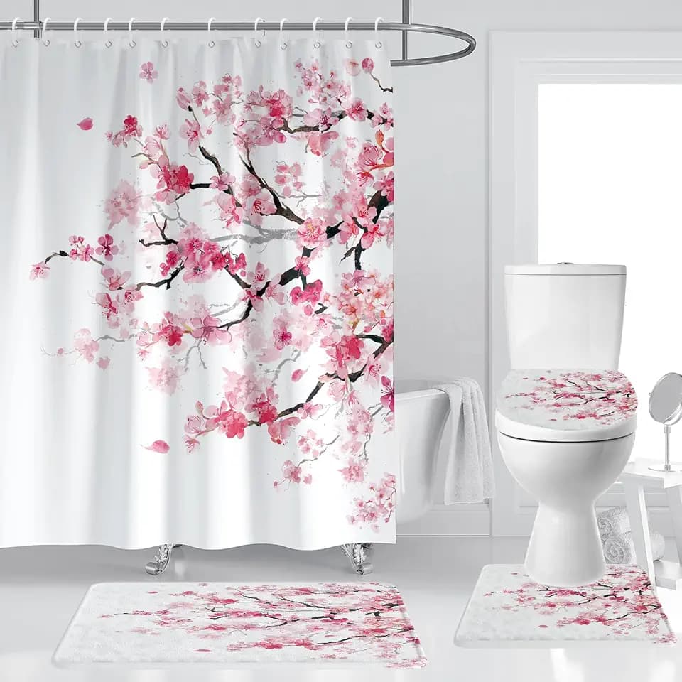 Pink Floral Shower Curtain Rug Set, 12 Hooks, 60" W x 72" L, 4 Pcs