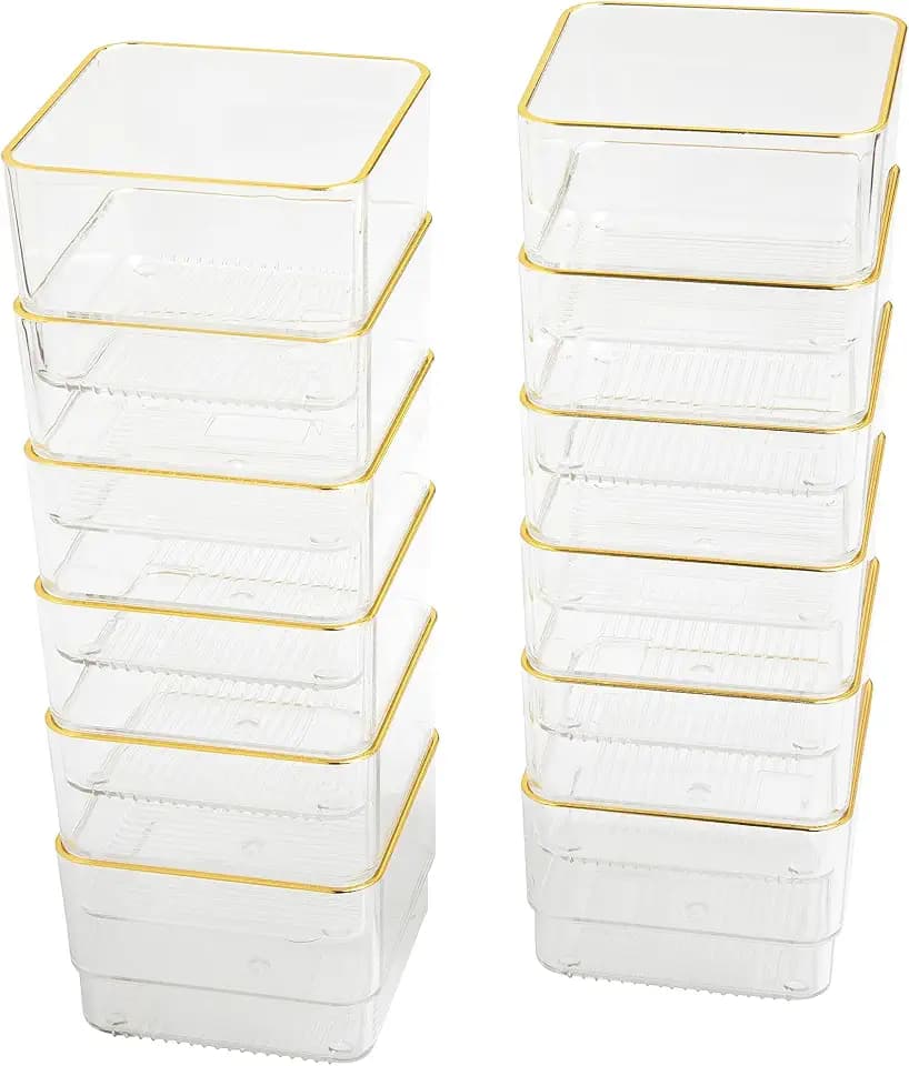 Martha Stewart Kerry Stackable Desk Drawer Organizers, Clear/Gold, 12-Pack