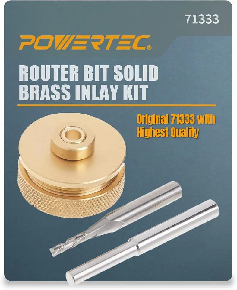 POWERTEC Router Brass Inlay Kit with Bushing Guide Set + Centering Pin, Collar & 1/8" Diameter x 1/4" Shank Solid Carbide Bit, Compatible w/ 1/4" Router Templates for Woodworking (71333)