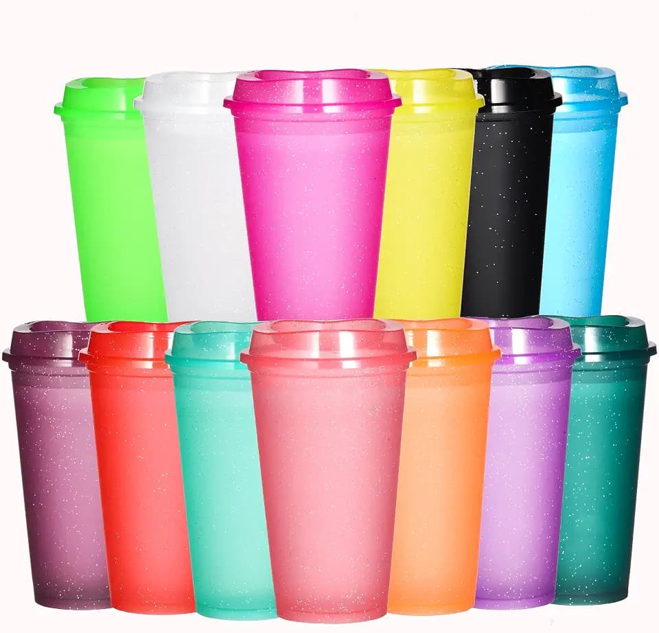 16oz Reusable Plastic Coffee Cups with Lids, 13 Pack, Glitter
