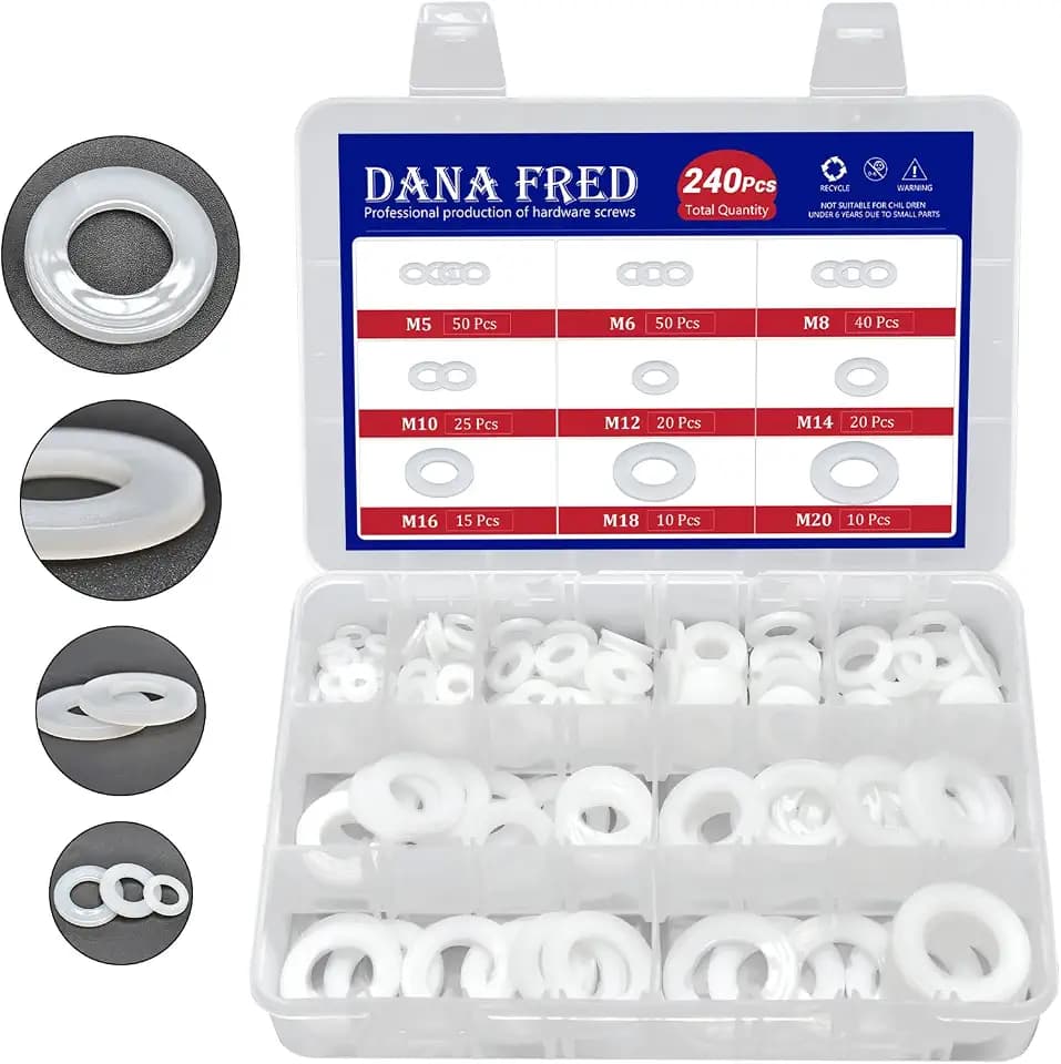240pcs White Flat Washers Spacers,9 Sizes Flat Washers Assortment Kit,M5 M6 M8 M10 M12 M14 M16 M18 M20 Nylonwashers for Screws for Interior Decoration,Electrical Maintenance and Furniture Repair