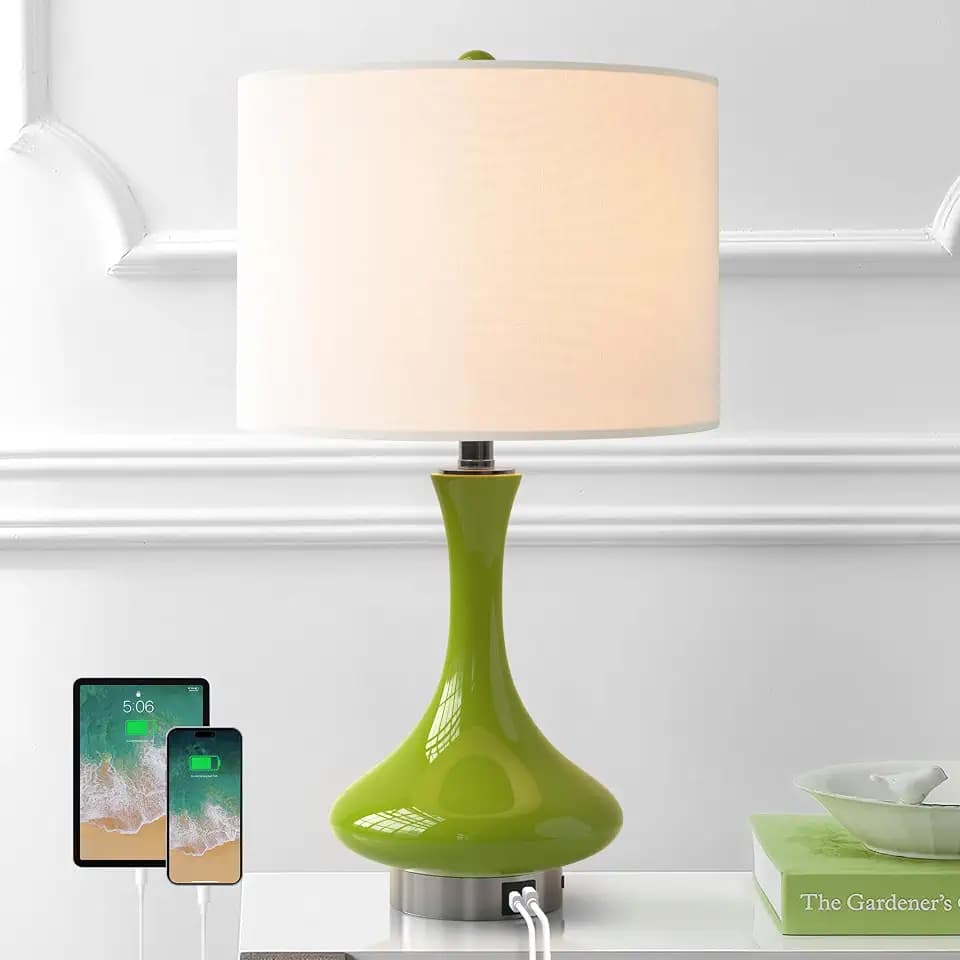 Maxax 24" Green Table Lamp for Living Room, Traditional Ceramic Bedside Lamp with USB C+A Ports, Modern Nightstand Lamp with White Shade for Bedroom, Office